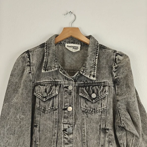 Savanna Jane Nwot Puff Sleeve Denim Cropped Jacket In Black Acid Wash Size LG - Picture 3 of 12